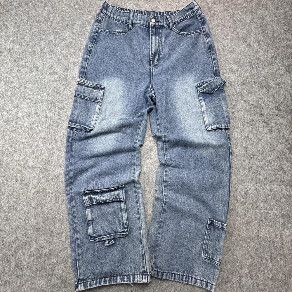 Charlotte Russe Jeans Juniors L Medium Wash Blue High Rise Wide Leg Cargo Denim
